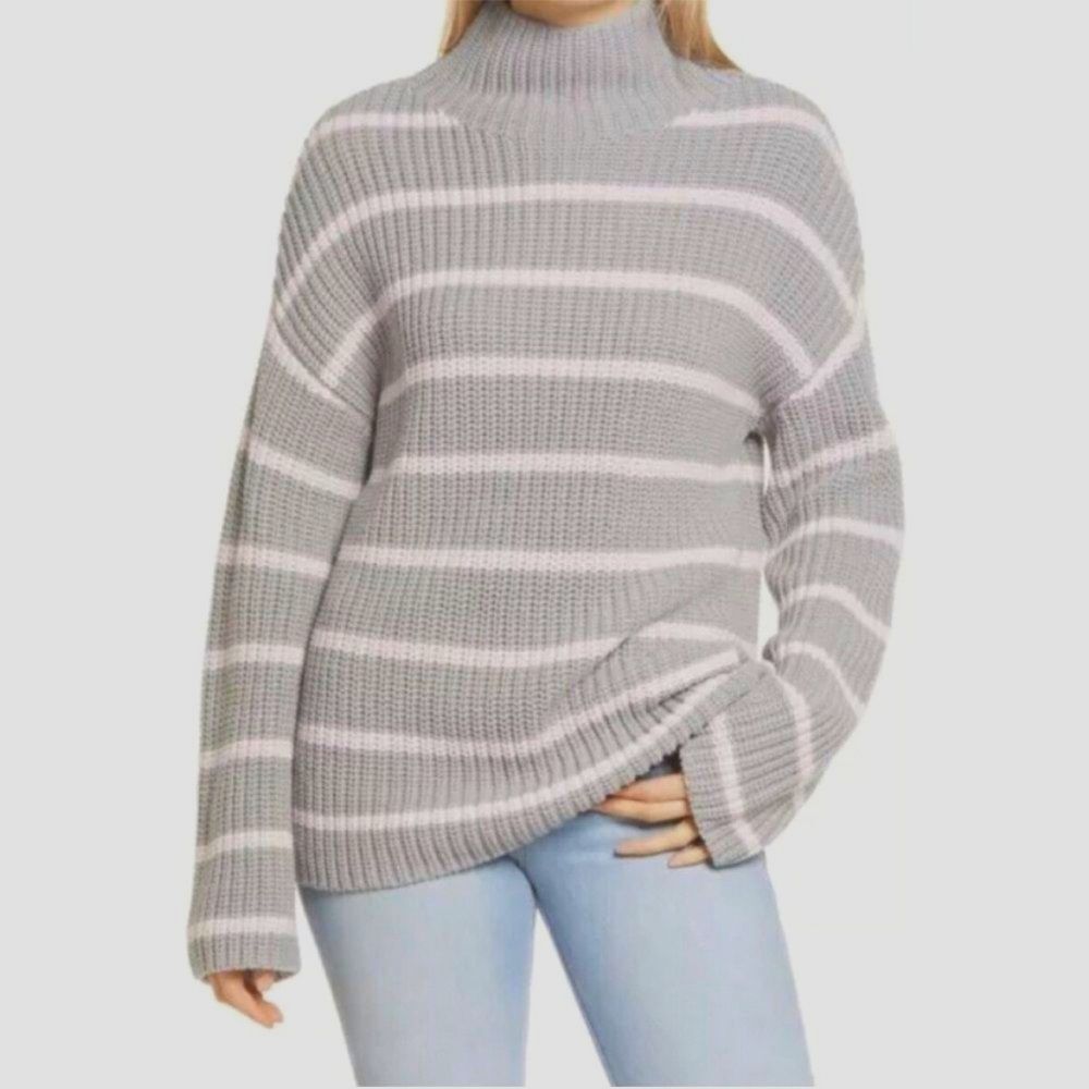 CASLON Shaker Knit Pullover Sweater Grey Pink Stripes Mock Neck